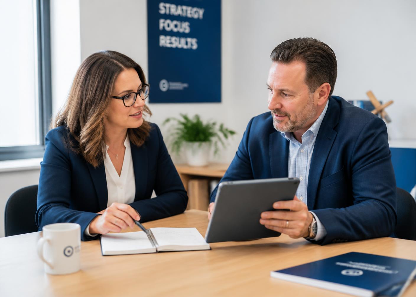 Two management consultants discussing an operational plan with a client